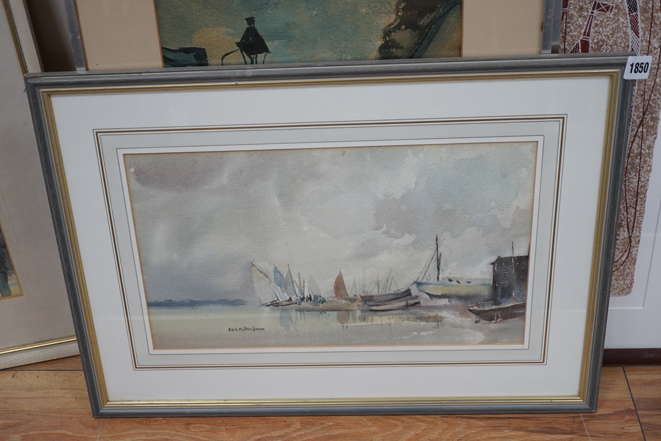 Sybil Mullen Glover (1908-1995), watercolour, Harbour view with moored boats, signed, 24 x 41cm. Condition - good